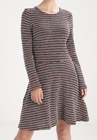 Femme portant une robe à manches longues, longueur genou, avec des rayures horizontales multicolores et une taille cintrée.