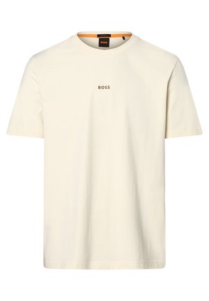 Kremfarvet kortærmet bomulds T-shirt med rund halsudskæring og lille "BOSS"-logo i midten på brystet.