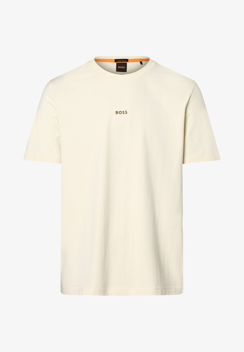 T-shirt en coton couleur crème à manches courtes avec col rond et petit logo "BOSS" centré sur la poitrine.
