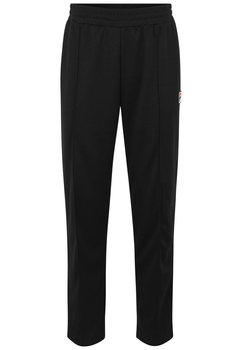 Zwarte sportbroek met een elastische tailleband, rechtvaardige pasvorm, gladde textuur en een klein logo op de linker heup.
