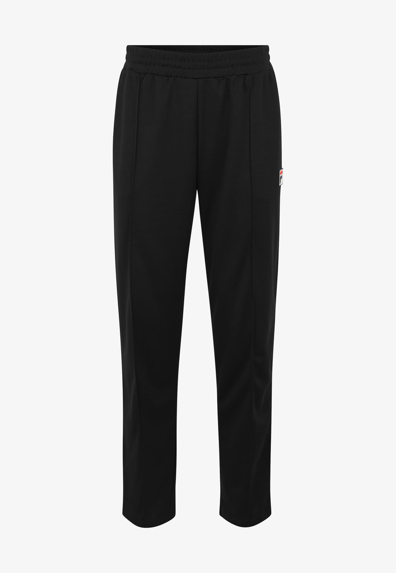 Zwarte sportbroek met een elastische tailleband, rechtvaardige pasvorm, gladde textuur en een klein logo op de linker heup.
