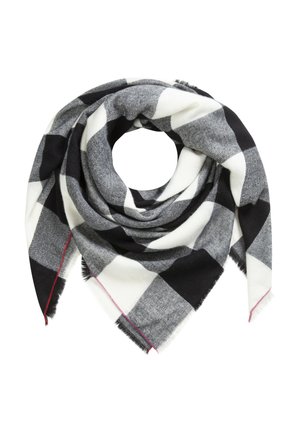 Wełniany szalik w czarno-biało-szarną kratkę z frędzlami na krawędziach i subtelnym czerwonym przeszyciem, złożony w kształt koła.