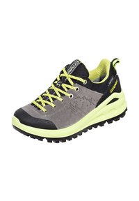 Graue und schwarze Sportschuhe mit gelben Akzenten; verfügen über ein strukturiertes Obermaterial, Schnürverschluss und Gummi-Außensohle mit Profilrippen.