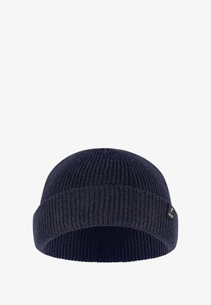 Dark navy knitted beanie hat with ribbed texture, rounded crown, and folded cuff. Features a small branded tag on the side.