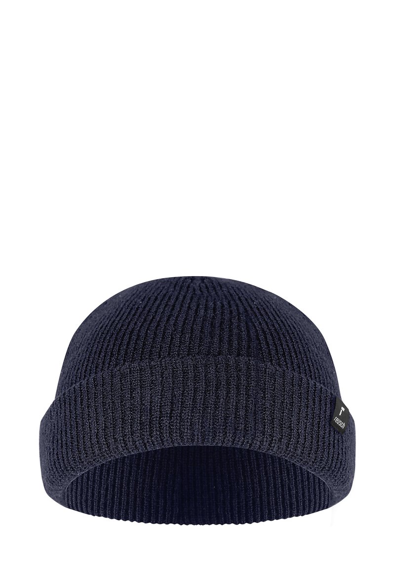 Berretto lavorato a maglia di colore blu navy scuro, con texture a costine, cupola arrotondata e risvolto. Presenta una piccola etichetta di marca sul lato.