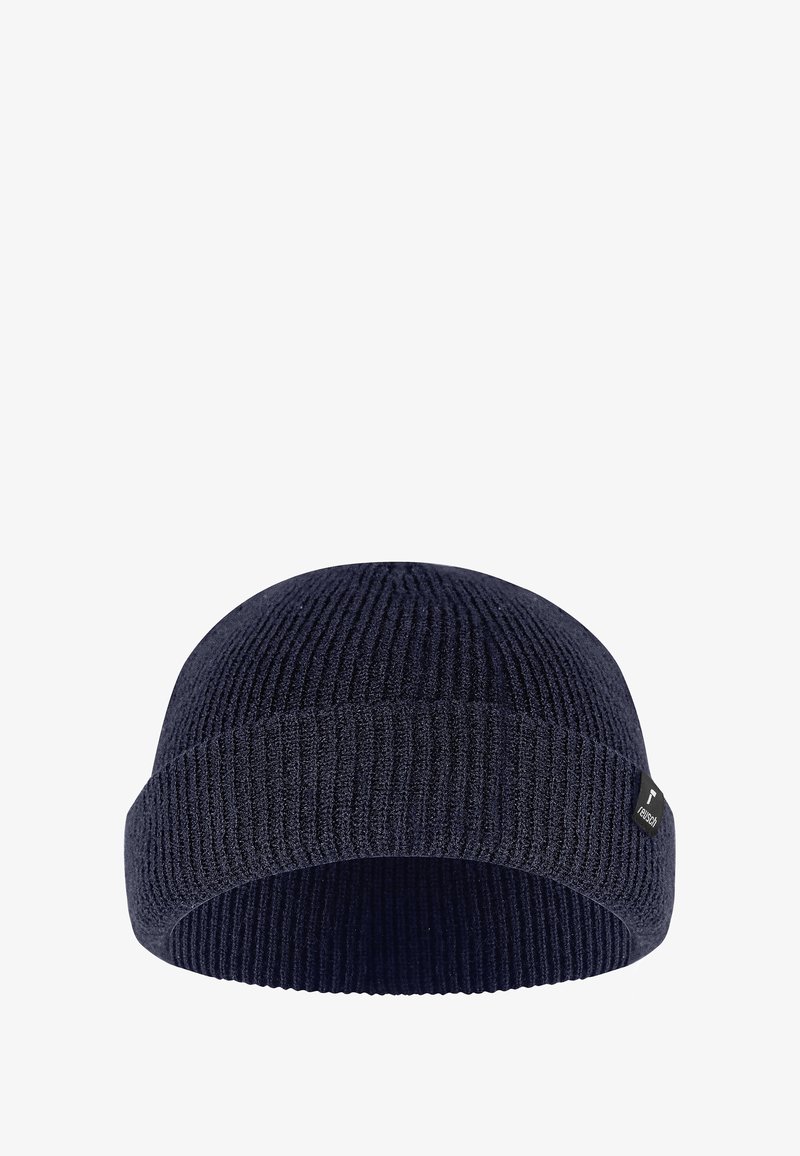 Berretto lavorato a maglia di colore blu navy scuro, con texture a costine, cupola arrotondata e risvolto. Presenta una piccola etichetta di marca sul lato.