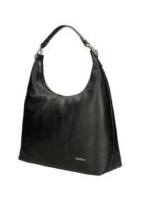 Borsa hobo in pelle nera con una finitura testurizzata, parte superiore curva e una sola tracolla. Presenta una chiusura con zip e un logo del marchio discreto.
