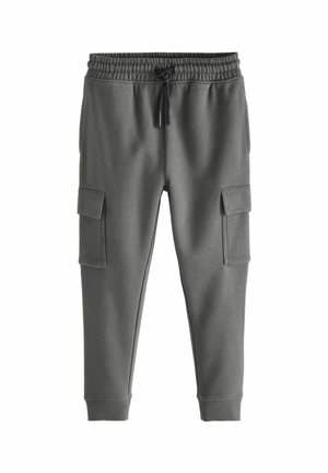 Graue Jogginghosen aus weichem Stoff, mit elastischem Bund und Kordelzug, zwei seitlichen Cargo-Taschen und gerippten Bündchen.