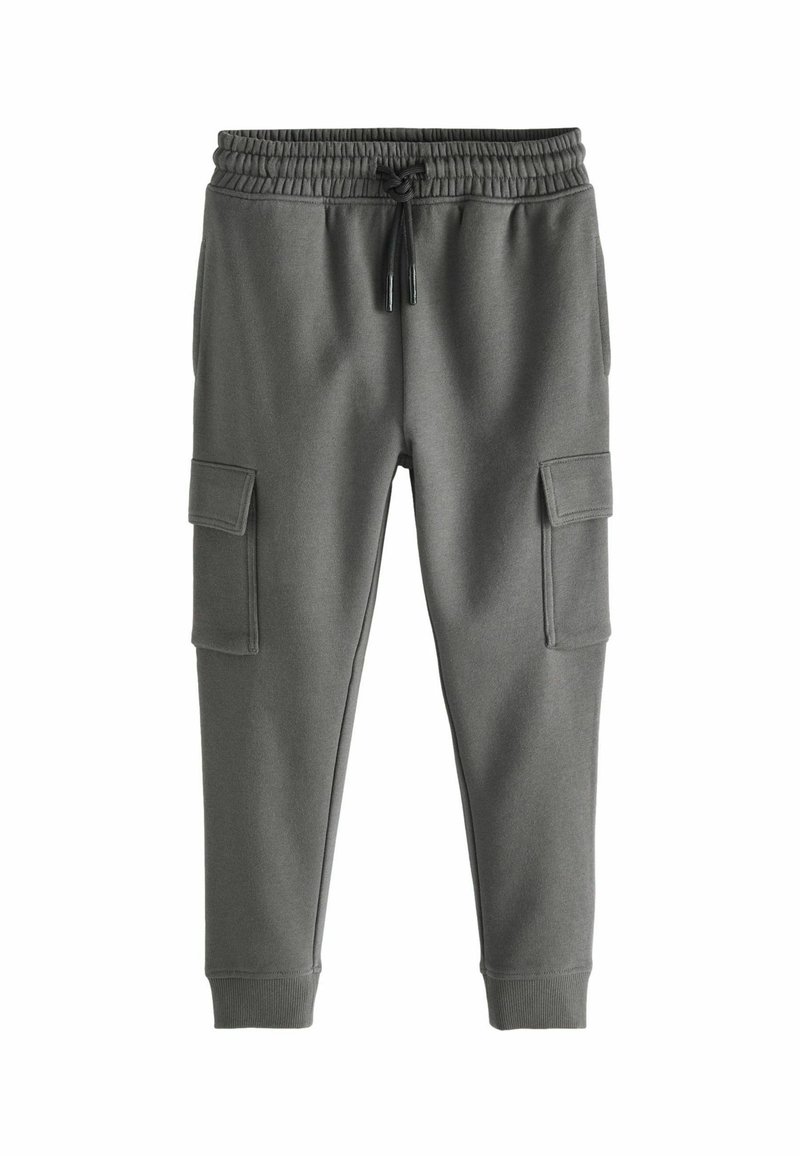 Grau Baumwoll-Sweatpants mit einem Kordelzugbund, gerippten Bündchen und zwei seitlichen Cargo-Taschen. Glatte Textur und entspannter Schnitt.
