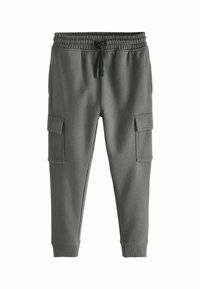 Grå joggerbukser lavet af blødt stof, med elastisk talje og snor, to sidelommer samt ribbede mansjetter.