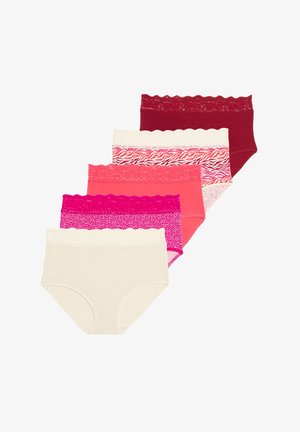 Cinco pares de calzoncillos de algodón en varios tonos, que incluyen beige claro, rosa y burdeos, con ribetes de encaje y diversos patrones.