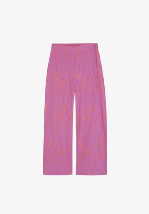 Pantalon large violet à taille haute avec un motif abstrait de lignes pointillées orange sur tout le tissu.