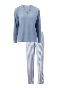 Lange mouwen lichtblauw V-hals top met witte en blauwe verticaal gestreepte broek, weergegeven op een witte achtergrond.