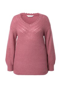 Sweter dziany w kolorze pudrowego różu, z dekoltem w kształcie zaokrąglonego litery V, długimi rękawami, teksturowanym wzorem i prążkowanym dołem.