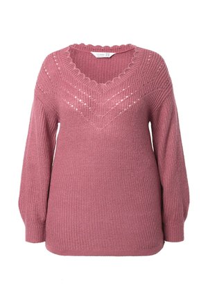 Pletený svetr ve stínovém růžovém odstínu, s vroubkovaným výstřihem do V, dlouhými rukávy, strukturovaným vzorem a žebrovaným lemem.