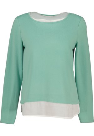 Haut à manches longues vert menthe avec un décolleté en scoop et un ourlet blanc superposé. Texture lisse et design épuré, sans motifs ni accents.