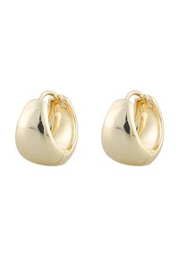 Gold-tone hoop earrings with a smooth, curved shape and polished finish, featuring a subtle opening detail for easy wear.
