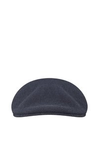Cappello piatto in lana grigia scura con parte superiore arrotondata, visiera curvata e dettagli di cucitura sottili nelle cuciture. Texture morbida con un design aderente.