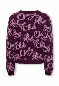 Suéter de color ciruela púrpura con textura suave y un patrón de texto en cursiva de color rosa claro repitiendo "Only Rock Club" en la parte trasera y en las mangas.