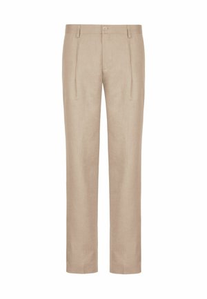Beige Leinenhose mit schmalem Schnitt, zwei vorderen Falten, Knopfverschluss und seitlichen Taschen. Glatte Textur und taillierte Passform.