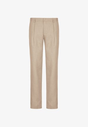 Beige Leinenhose mit schmalem Schnitt, zwei vorderen Falten, Knopfverschluss und seitlichen Taschen. Glatte Textur und taillierte Passform.