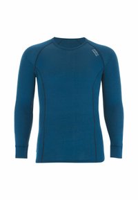 Haut thermique à manches longues de couleur bleu foncé, fabriqué en tissu doux. Il présente des manches raglan et des coutures contrastées. Encolure ronde sans accessoires visibles.