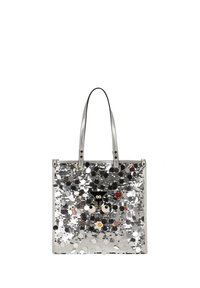 Bolso tote plateado cubierto de grandes lentejuelas con pines frontales en forma de ojo de dibujo animado, corazón y comida, que cuenta con doble asa de hombro.