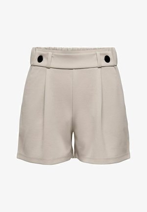 Pantaloni beige con un tessuto texturizzato, caratterizzati da una vita alta, pieghe e due bottoni neri decorativi sul davanti.