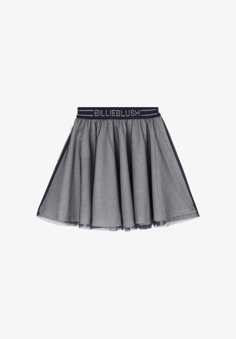 Jupe en tulle bleu marine et argent avec taille élastique de la marque "BILLIEBLUSH", présentant un tissu en maille superposé et évasé.