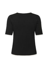 Černý žebrovaný svetr s krátkým rukávem, se bílými lemy na manžetách a spodním lemu. Jednoduchý, přiléhavý design s klasickým výstřihem.