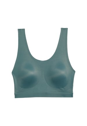 Seamless bra in a muted teal color, crafted from smooth synthetic material with a scoop neckline and a supportive, molded design.
