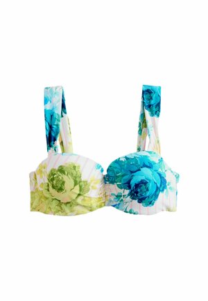 Górna część bikini w kwiatowy wzór z dużymi zielonymi i niebieskimi różami oraz szerokimi ramiączkami na białym tle z delikatnymi różowymi paskami.