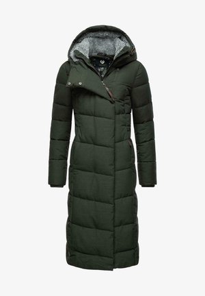 Long, puffy parka in dark green with a textured gray hood lining. Features an asymmetrical zip closure and sturdy stitching.