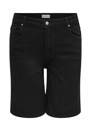Shorts in denim nero con bottone frontale, zip, passanti per cintura e design a cinque tasche.