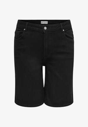 Czarne szorty dżinsowe z przodem na guziki, zamkiem błyskawicznym, szlufkami na pasek i stylem z pięcioma kieszeniami.