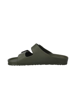 Olive green slide sandal made of smooth synthetic material, featuring a wide strap with cutouts, a textured footbed, and a flat sole.