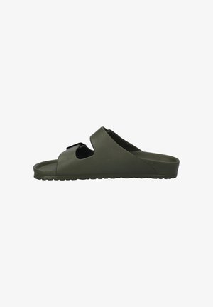 Olive green slide sandal made of smooth synthetic material, featuring a wide strap with cutouts, a textured footbed, and a flat sole.