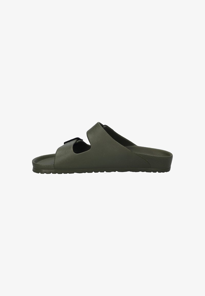 Olive green slide sandal made of smooth synthetic material, featuring a wide strap with cutouts, a textured footbed, and a flat sole.
