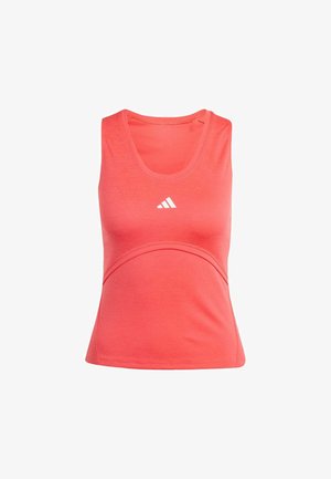 Rózsaszín korallszínű pántos felső, rugalmas anyagból készült, mély kivágással, testhezálló fazonnal, és fehér Adidas logóval a közepén.