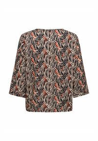 Luftige Bluse mit fließendem Design, aus leichtem Stoff gefertigt, mit einem mehrfarbigen abstrakten Muster in Schwarz, Creme und Rot.