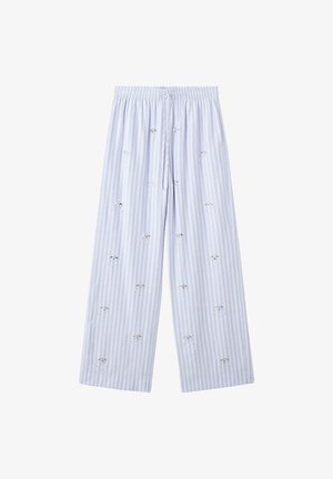 Pantalones de pijama a rayas azul claro y blanco con pequeño bordado de palmera y cintura elástica con cordón.
