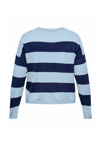 Light blue sweater with navy horizontal stripes, textured knit fabric, round neckline, and long sleeves. Design features wide stripes.