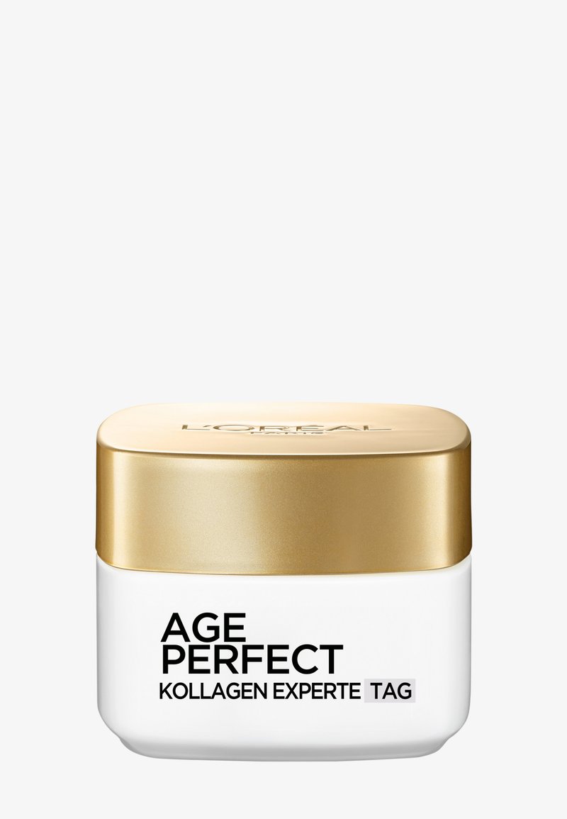 Barattolo bianco con una forma liscia e curvilinea, dotato di un coperchio dorato e testo nero che recita "AGE PERFECT KOLLAGEN EXPERTE TAG."