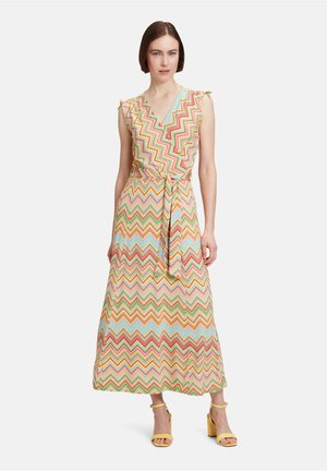 Maxikleid aus leichtem Stoff, mit einem mehrfarbigen Zickzack-Muster in Pink, Grün und Blau, mit Wickeldesign und Bindegürtel.