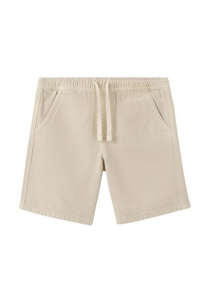 Beige casual shorts met elastische tailleband, trekkoord en zijzakken, gemaakt van lichte stof geschikt voor warm weer.