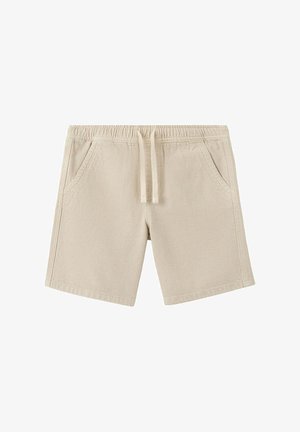 Beige casual shorts met elastische tailleband, trekkoord en zijzakken, gemaakt van lichte stof geschikt voor warm weer.