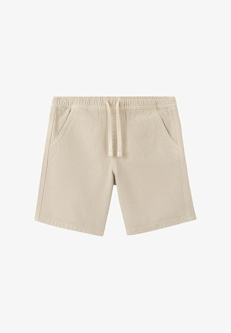 Short beige décontracté avec taille élastique, cordon de serrage et poches latérales, en tissu léger adapté aux temps chauds.