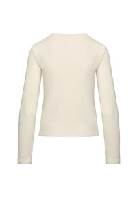 Long-sleeve top in off-white ribbed material, featuring a crew neck and fitted design, with no prominent patterns or hardware details.