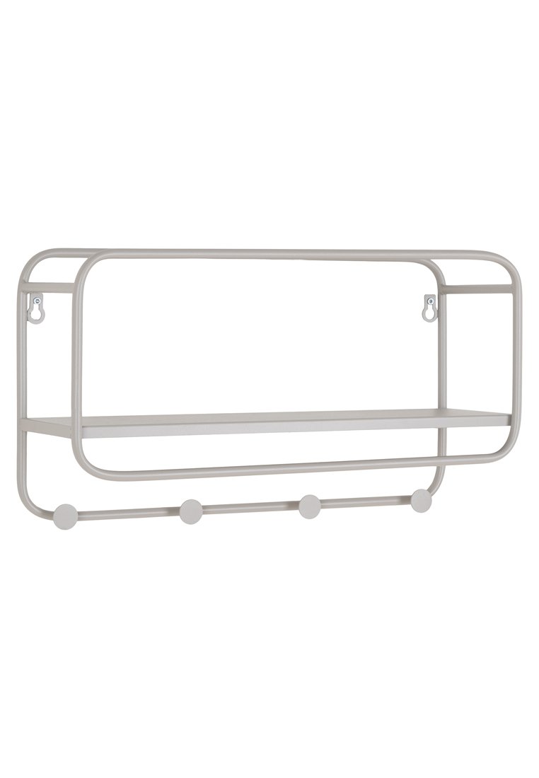 Étagère murale en métal au design minimaliste, finition gris clair. Dispose d'une large étagère et de quatre crochets ronds en dessous pour accrocher des objets.