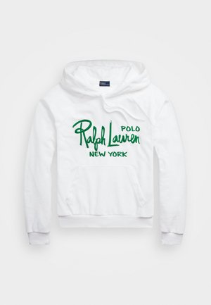 Sweat à capuche blanc avec poche avant et texte vert « Polo Ralph Lauren New York » brodé sur la poitrine.